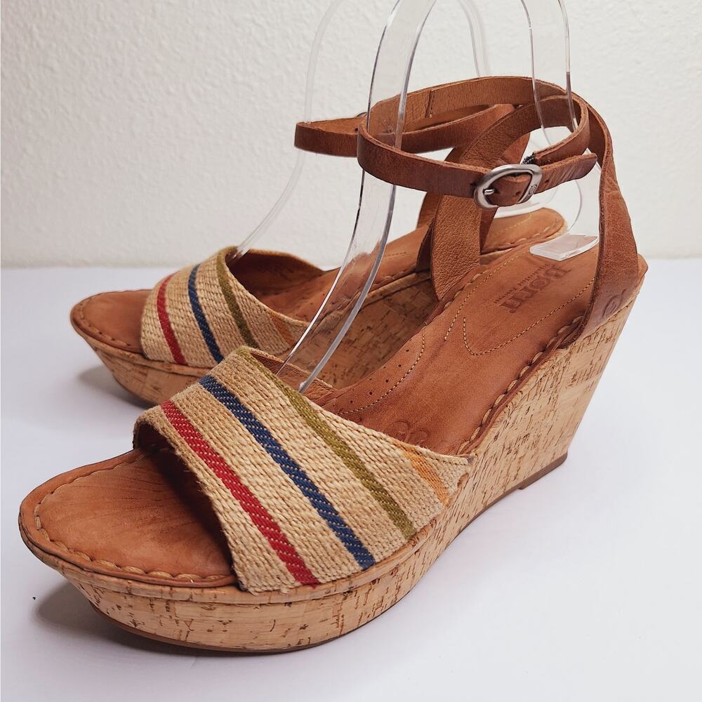 Born Wapita Cork Wedge Sandals Rainbow US 9 EU 40.5 Leather Jute Platform Boho